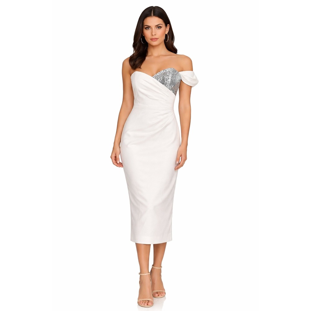New! Milly One Shoulder Sequin Accent Midi Dress Size‎ 4 $430